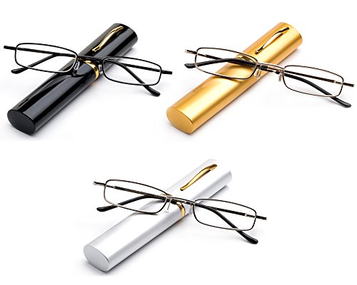Newbee Fashion - Readers Ultra Compact Spring Temple Reading Glasses w/ Portable Pocket Clip Aluminum Case 3 Pack
