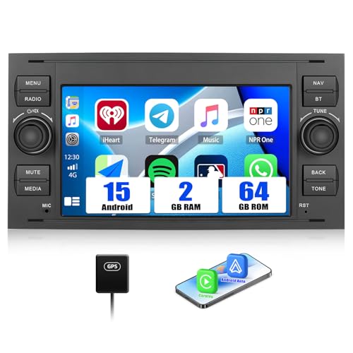 SIXWIN 2+64GB Android 15 Car Radio for Ford Fiesta C/S-MAX Transit Galaxy Connect Kuga Mondeo with CarPlay, Android Auto- 7 Inch Touch Screen with Mirror Link, Bluetooth, WiFi, GPS, FM/RDS,EQ