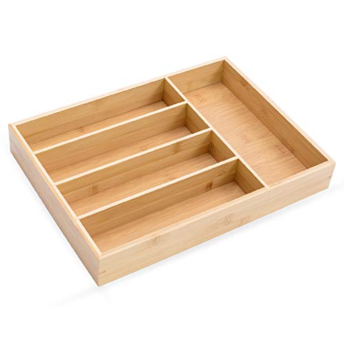 LONTAI Bamboo Kitchen Drawer Organizer Utensil and Cutlery Tray with 5 Compartments Drawer Dividers for Flatware and Kitchen Utensils