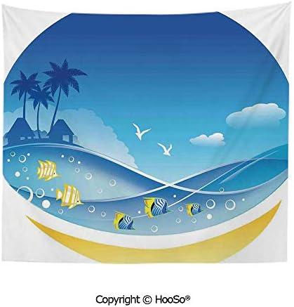 HooSo Durable Washable and Reusable Tapestry Wall Hanging Carpet 59x40in,Exotic Sea Waves in Fauna Frame with Gulls and Coconut Trees Journey,Blue Yellow Comfy and No Strange Odor Home Decor