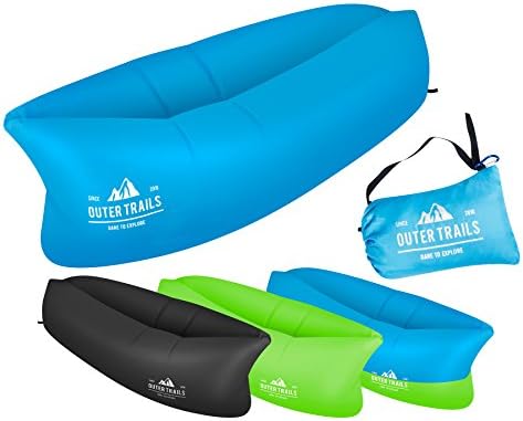 Outer Trails Inflatable Lounger: Outdoor Waterproof Tear Resistant Fabric, Easy Fast Set-Up, Carabiner &amp; Carry Bag - Concerts, Camping, Beaches, Hiking, Pools- Blue