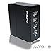 MYOHO 7.2 A 36 W Four Port (4 - Port) Universal High Speed USB Wall Charger for smart sensing, rapid charging of 4 mobile devices at combined 7.2 Amps (2 ports at 2.4 A, 2 ports at 1.2 A); intelligent detection circuit; fastest, efficient, stylish, light weight, compact, portable with LED and foldable prongs for iPhone 6S Plus, iPhone 6S, iPhone 6, iPhone 6Plus, iPhone 5s, iPhone 5c, iPhone 5, iPhone 4s, iPhone 4; iPad 5, iPad Air 2, iPad Air, iPad Mini; iPod Touch, Nano; Samsung Galaxy S5, S4, S3, S2, Galaxy Note 3, Note 2; LG G2; Nexus 5, 7, 10; Motorola Droid, Razr, Maxx; Blackberry; Nook; Nokia Lumia 2520; HTC One M8 X V S; other apple, android, windows smartphones, tablets, Bluetooth speakers & headsets, all USB powered devices; black with 1 year warranty.