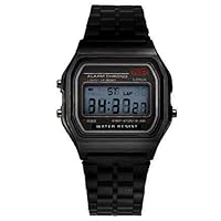 Dserw Multifunction LED Unisex Rectangle Digital Dial Steel Linked Strap Wrist Watch  - Black