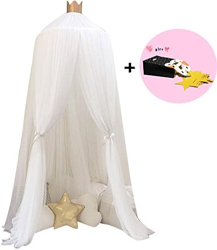 Mosquito Net Dome Bed Canopy for Kids Round Princess Play Tent Lace Netting Bedding for Baby Boys and Girls Playing Reading , Decorate for Games House with 13ft Star Garland (White)
