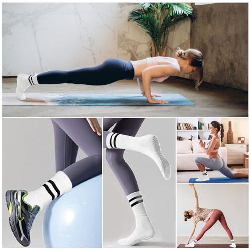 6 Pares Calcetines de Yoga para Mujeres, Calcetines Antideslizantes Algodon, Calcetas Largos de Pilates, Calcetas Deportivos Transpirables, Adecuado para Ejercicio, Fitness, Barre