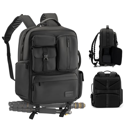 Cwatcun Camera Backpack, DSLR/SLR/Mirrorless Camera Bag for Photographers, Waterproof Leather Coating Camera Case with Tripod Holder&Laptop Compatible with Canon/Nikon/Sony/Fuji