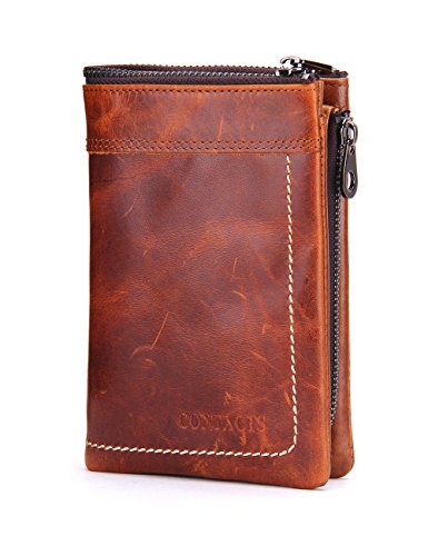 Contacts Real Leather Mens Wallets Purse Card Holder Money Clip Zipper Coin Pocket Brown
