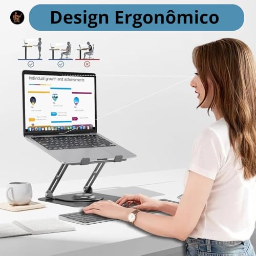 Suporte para Notebook e Laptop de até 17" MTS, Tablets e Celulares, Aço Carbono, Ajustável, Dobrável, Base Giratória 360° e Aberto para Ventilação, Suporta até 10kgs, Ergonômico Portátil (Branco)