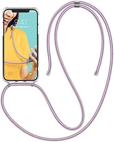 Winhoo Case for iPhone XS Max with Band Silicone and Hard Case Clear Transparent Scratch-Proof Cover Holder with Smartphone Necklace Neck Strap Chain Neck Cord - Purple and Yellow