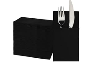 JEBBLAS Dinner Napkins with Built-in Flatware Pocket, Cloth Like Napkins, Black Linen-Feel Disposable Hand Napkins for Kitche