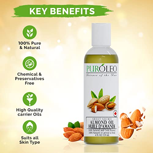 PUROLEO SWEET ALMOND OIL 4 FL OZ/120 ML 100% NATURAL AND PURE | MOISTURIZER & CARRIER OIL | BEAUTY & DIY BLENDS, MASSAGE OIL, BODY OIL, HAIR OIL AND BABY OIL | MADE FROM ALMONDS RAW