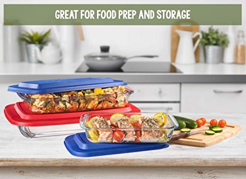 Set of 3 Upgraded Rectangular Glass Bakeware Set with Multi-Color BPA-Free Lids | Superior Oblong Glass Baking Dishes for Casseroles, Lasagna, Leftovers, Cooking, | Essential Kitchen Items