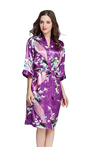 Amzchoice Women's Short Sleeve Kimono Robe Peacock & Blossoms for Spa, Wedding Bridal and Bridesmaid (M, Purple)
