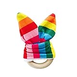 #1 Wooden Teether Ring With Minky Fabric Bunny Ears, Rainbow Stripe