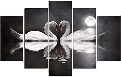 Sea Charm - Large Canvas Prints Swan in the Calm Lake under Full Moon Picture on Canvas Painting Romantic Decoration Moon Wall Art for Wall Decor,Framed and Ready to Hang