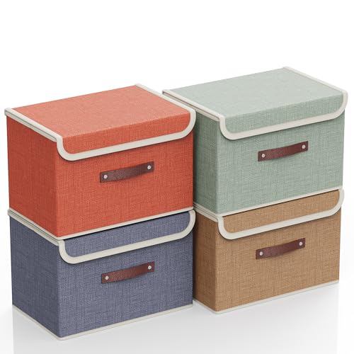 gaobaidu Set of 4 Foldable Fabric Storage Bins with Lid and Handles, Foldable Closet Organizer and Basket for Clothes, Toys, Books, Photos | 38x25x25cm (Set of Four Colors)
