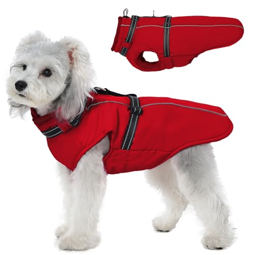 Lelepet Hundemantel für den Winter, Warme Hundejacke mit integriertem Geschirr, Winddicht Mantel mit Fleece Gefüttert für Hunde, Reflektierende Hundeweste für Kaltes Wetter, Rot S