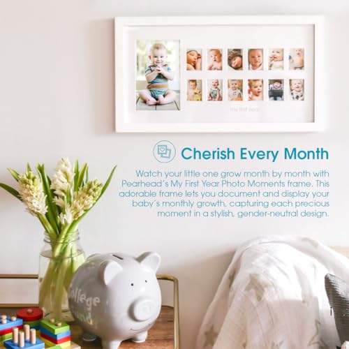 Pearhead My First Year Photo Moments, Baby's First Twelve Months Photo Collage and Gender Neutral Keepsake, Ideal for Baby Shower, New Mom Gift and Nursery Decor, 13 Photo Inserts, White