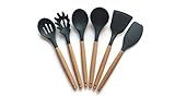 Kitchen Utensils Set Silicone Heads Wood Handles 6 Pieces Heat Resistant Non-stick Non-Scratching - Slotted Spoon, Spaghetti Lifter, Mixing Spoon, Soup Ladle, Lifter, Spatula
