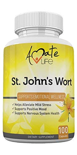 St Johns Wort (300mg) Mood Enhancer Supplement- Supports Stress Relief, Mood Boost & Anxiety Relief - Serotonin Booster, Mental Focus and Mood Stabilizer for Women & Men-100 Capsules by Amate Life