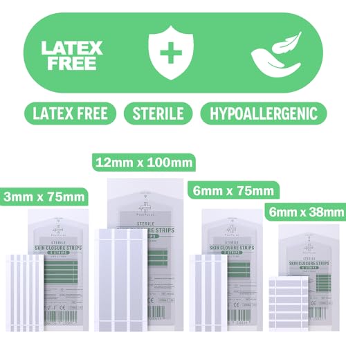Posi Pulse Sterile Skin Wound Closure Strips. 202 Strips in 44 Packs - Improved Healing, Reinforced Design, Latex-Free, Adhesive Backed, for Lacerations, Incisions, Sutures, 3x75,6x38,6x75,12x100mm