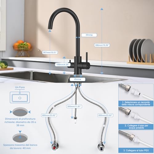 DETBOM 3 Way Kitchen Sink Tap for Osmosis Systems, 3 in 1 Double Lever Drinking Water, Hot and Cold, 360° Swivel, Stainless Steel, Matt Black