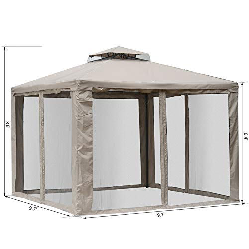 FDInspiration Taupe 2-Tier Roof 9.7 x 9.7 FT Outdoor Canopy Tent Sun Shelter Steel Patio Gazebo Backyard Sunshade w/Mesh Netting & 8 Ground Stakes with Ebook