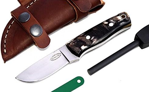 CFK Cutlery Company USA Custom Handmade D2 Tool Steel Small Sheep Horn Hunting Skinning Fishing Blade Knife &amp; Horizontal Leather Leather &amp; Fire Starter Set CFK181