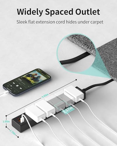HOPOW Flat Plug Power Strip, 6 Ft Ultra Thin Extension Cord, Surge Protector with 5 Outlets & 3 USB Ports (2 USB C), 1700 Joules, Wall Mount, Desktop Charging Station for Home Office Dorm, Black