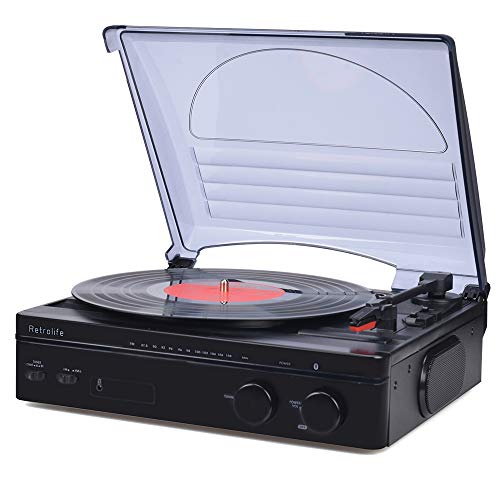 Record Player Bluetooth Turntable with Stereo Speakers Portable Belt-Driven Nostalgic LP Vinyl Record Player with FM Stereo Radio Line Output Headphone Jack Natural Wood Design 2019 Upgraded