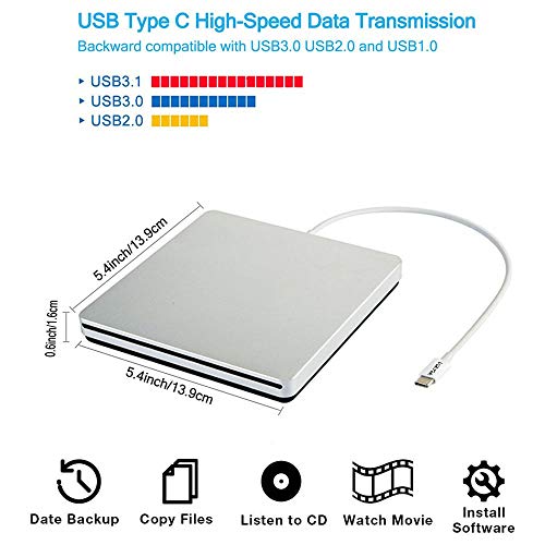 External DVD CD Drive USB3.0 VikTck USB C Super Drive External DVD CD+/-RW Burner Writer Optical Drive Compatible for with Mac/MacBook Pro/Air/iMac/Laptop/Desktop PC/Windows 7/8.1/10 (Silver)