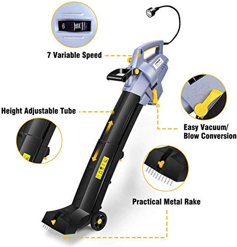 TOPELEK Leaf Blower/Vacuum/Mulsher, Variable 7-Speeds Blower Vacuum (up to 565CMF), 13.5A Power Leaf Mulsher, Adjustable Height Electric Leaf Blower with Wheels, Large Capacity Leaf Vacuum, 15.9 Gal