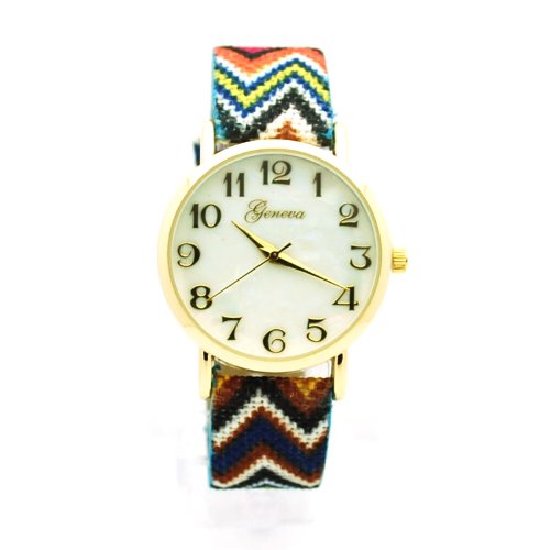 Women's Navajo Pattern Weave Fabric Multicolor Band Wrist Watch Blue