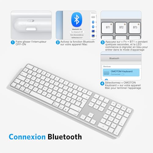 OMOTON Wireless Bluetooth Keyboard for Mac, Rechargeable French AZERTY Keyboard Multi-Device with 3 Bluetooth Channels for Apple MacBook Pro/Air, Mac Pro/Mini, iMac, Silver