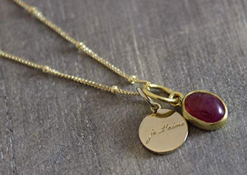 Pink Tourmaline Gemstone Je'taime I Love You Charm Pendant 14kt Gold Filled Necklace 18 inches Valentine's Day gift idea