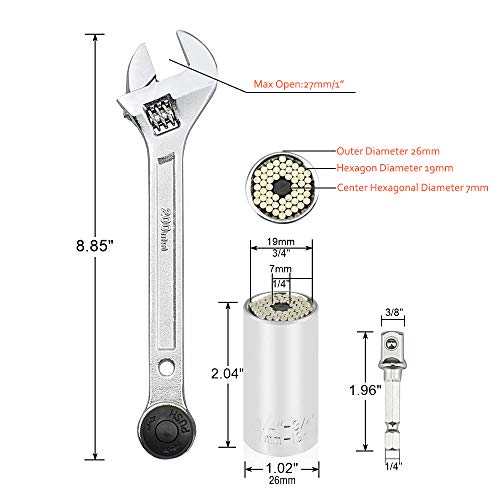 Universal Socket Wrench Set 1/4"-3/4"(7mm-19mm) Double End Adjustable Wrench Multi-functional Universal Ratchet Socket with Wrench Power Drill Adapter 3PCS Professional Repair Handyman Tool