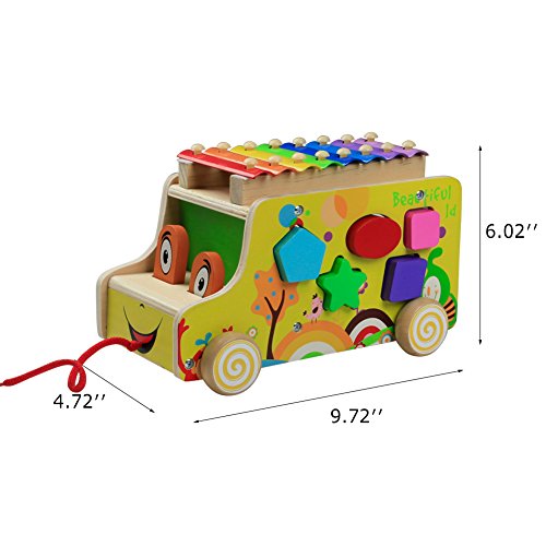 Wooden Toys Pull Cars Xylophone Knock Musical Instruments Animal Xylophones 8 Keys with 2 Mallets 10 Shape Blocks for Kids Toddlers Girls Boys 3 4 5 Years