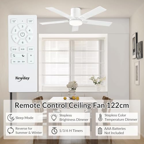 Newday 48inch White Ceiling Fan, Flush Mount Ceiling Fan with Remote Control, Quiet DC Motor, 2 Color Blade, Stepless Dimmable LED 24W, 7 Speed Mode, Memory Function for Bedroom, Living Room