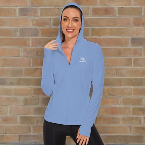 L LK SPORTS WOMEN’S LONG SLEEVE FISHING HOODIE SHIRTS LIGHTWEIGHT UPF 50+ SUN PROTECTION JACKET ATHLETIC HIKING ZIPPER POCKETS BLUE S