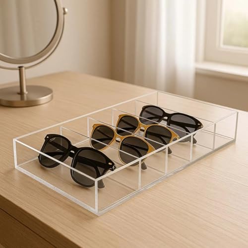 Akria Design Organizador Porta Óculos e Joias em Acrílico Cristal, Bandeja com 6 Compartimentos, 36cmx18 cm x 3 mm