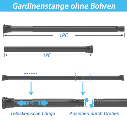 1 x Curtain Rail, No Drilling, Shower Curtain Rail, Telescopic Rod for Cupboards, Bathrooms, Wardrobe, Black (185-250 cm, Diameter 25 mm)