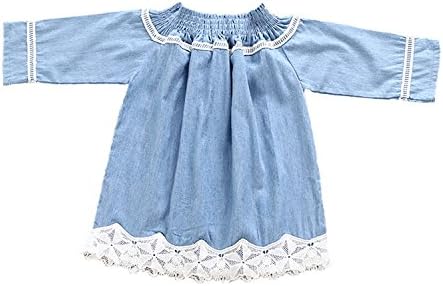 GSHOOTS Baby Girls' Long Sleeve Off Shoulder Denim Dress Lace Star Embroidery One-Piece (100/2-3 Years, Denim Blue)