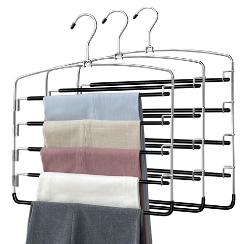 WEKIWGOT Set of 3 Space Saving Trouser Hangers, Multifunctional Hangers with 4 Swivel Arms and 5 Non-Slip Covers for Trousers, Jeans, Towels and Scarf