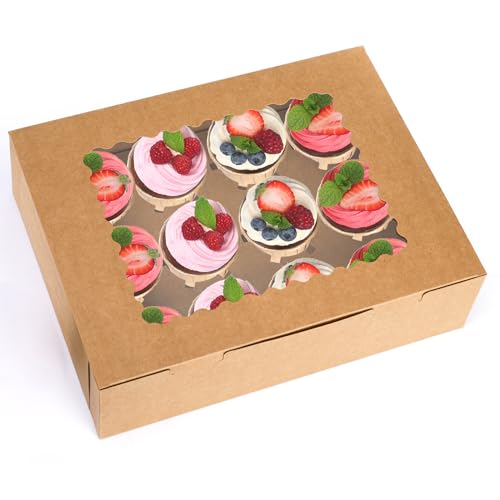 Jucoan 20 Pack Cupcake Boxes, 12 Counts Dozen Cupcake Containers with Window and Insert, Brown Bakery Pastry Treat Boxes for Muffins, Cookies, Donuts, Take Out Containers for Party