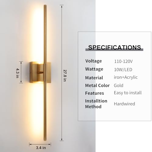 Wall Sconces Set of 2 Brushed Brass Gold LED Integrated 3000k 12W Wall Light Modern Metal Sconces Wall Lighting with Metal Linear Rod Luminaire Mural Indoor Wall Lamp for Bedroom Living Room