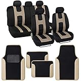 BDK Combo Sport Accent Car Seat Covers (2 Front 1 Bench) Auto Carpet Floor Mats (4 Set) with Heavy Protection Sleek Graphic Two Tone Fresh Design All Protective - Beige Accent