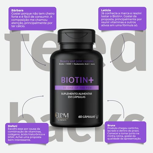 Biotina+ 180 Capsulas Ellym NUtrition Pele Cabelo e Unhas 100% Biotina MSM Acido Hialuronico Vitaminas B1 B2 B3 B5 B6 B12