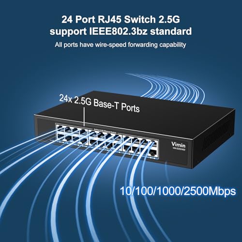 2.5G Unmanaged Switch, Vimin 24 Ports 2.5GB Base-T Ethernet Switch, 2.5GB Network Switch Plug & Play, Compatible with 10/100/1000/2500Mbps, Metal Housing, Fanless, for 2.5Gbps NAS, Wireless AP