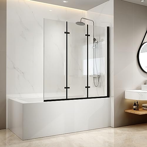 EMKE Duschwand für Badewanne 120x140 cm Schwarz, 3 teilig Faltbar Duschtrennwand für Badewanne-Duschwand Badewannen Duschabtrennung 6mm Sicherheitsgla