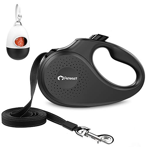 Peteast Retractable Dog Leash, 360° Tangle-Free, Heavy Dutyup to 55Lbs Pets, 16' Strong Reflective Nylon Tape with Waste Bag Dispenser, One-Handed Brake/Pause/Lock, Black, Medium